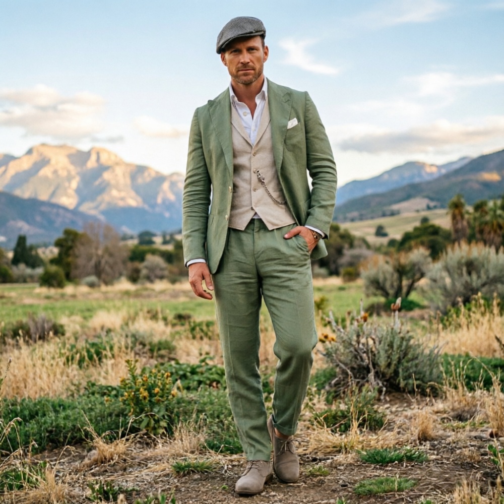 Men'S Formal Wear For A Wedding - Sage Green Linen Men 3 Piece