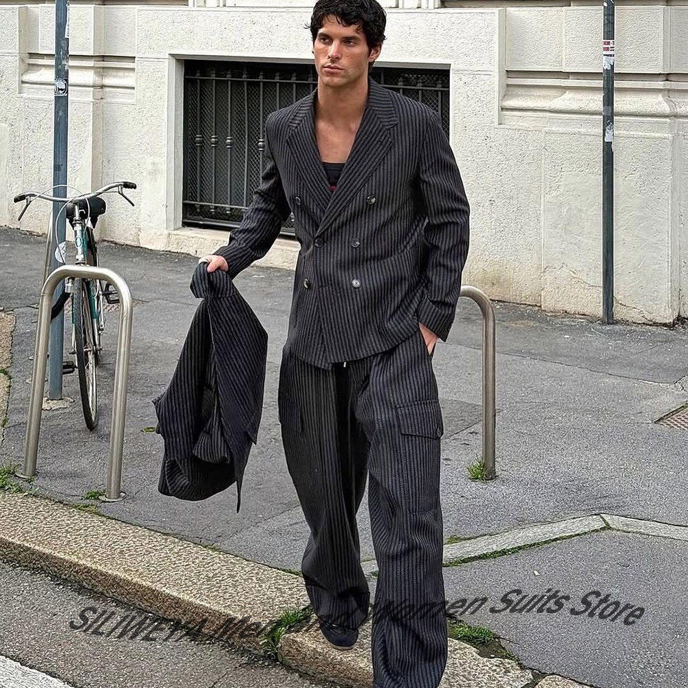 Formal Men Party Wear Jacket - Elegant Man Suit Pinstripe Double-Breasted Notch