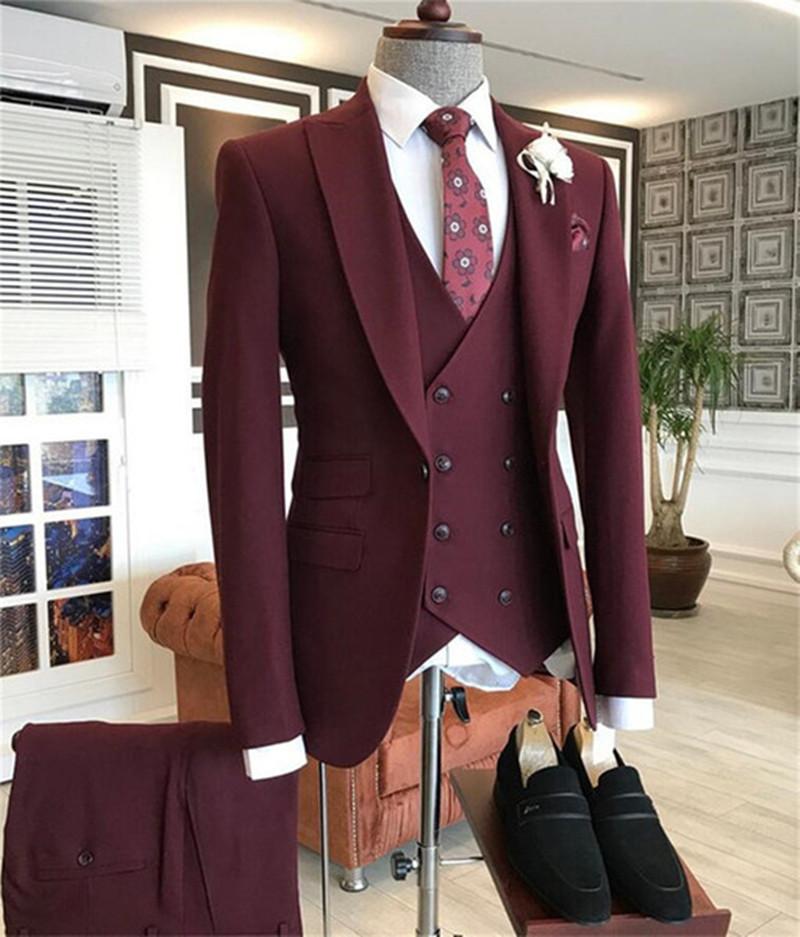 Men'S Formal Wear For A Wedding - 2021 Burgundy Double Breasted Vest Costume